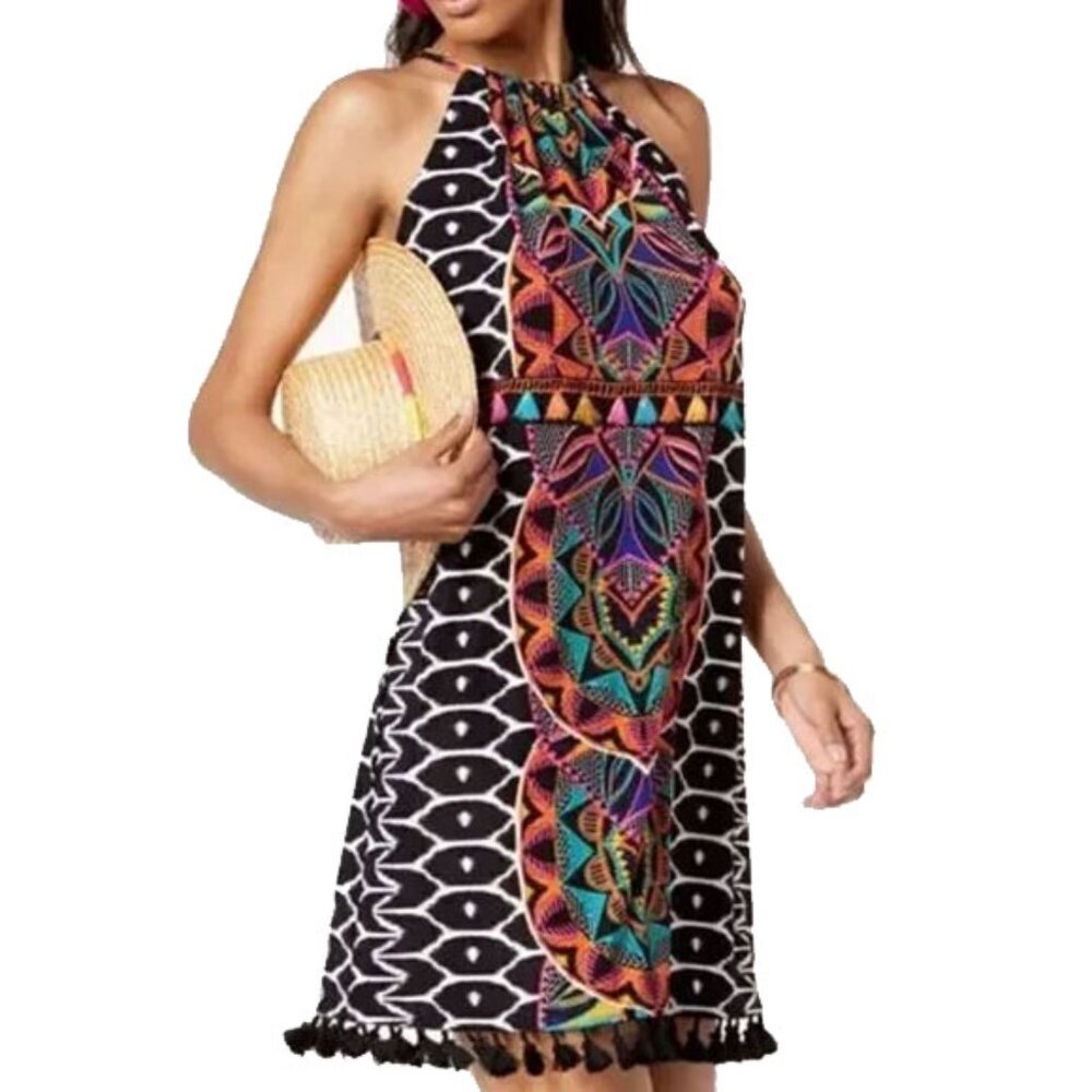 NWOT Trina Turk X Inc Halter Tassel Mini Dress M Tribal Print Tropical Geo - Picture 2 of 13